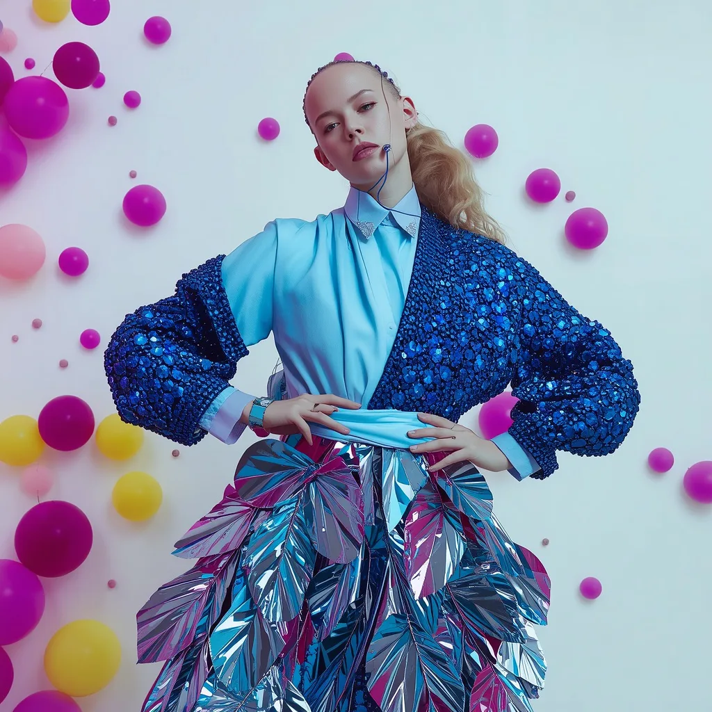 Androgynous Model in Sapphire Drape with Chrome Leaves and Aggressive Style – beautiful girl's aesthetic ai prompts – AI generated example
