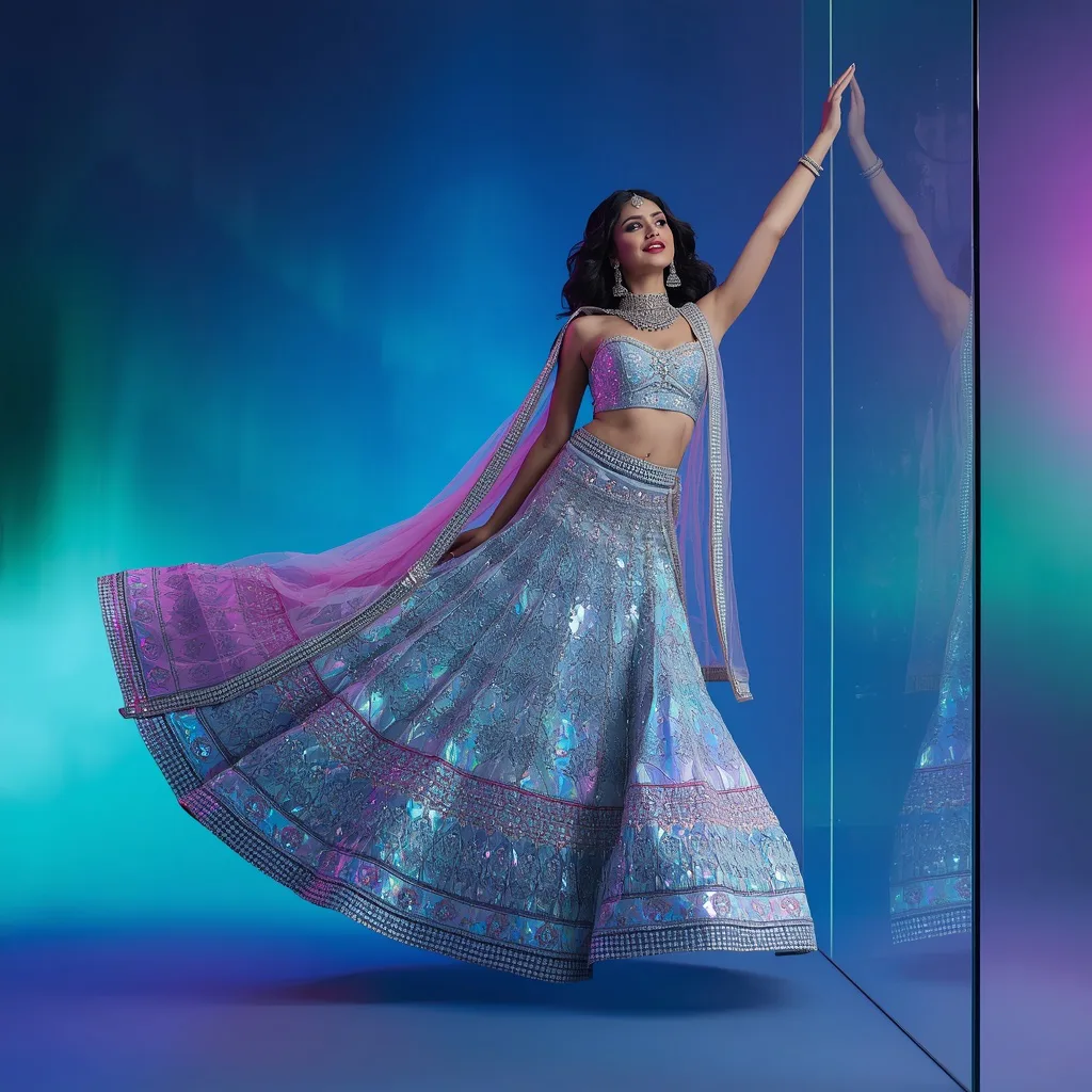 Aurora Borealis Lehenga with Prismatic Light Effects – beautiful girl's aesthetic ai prompts – AI generated example