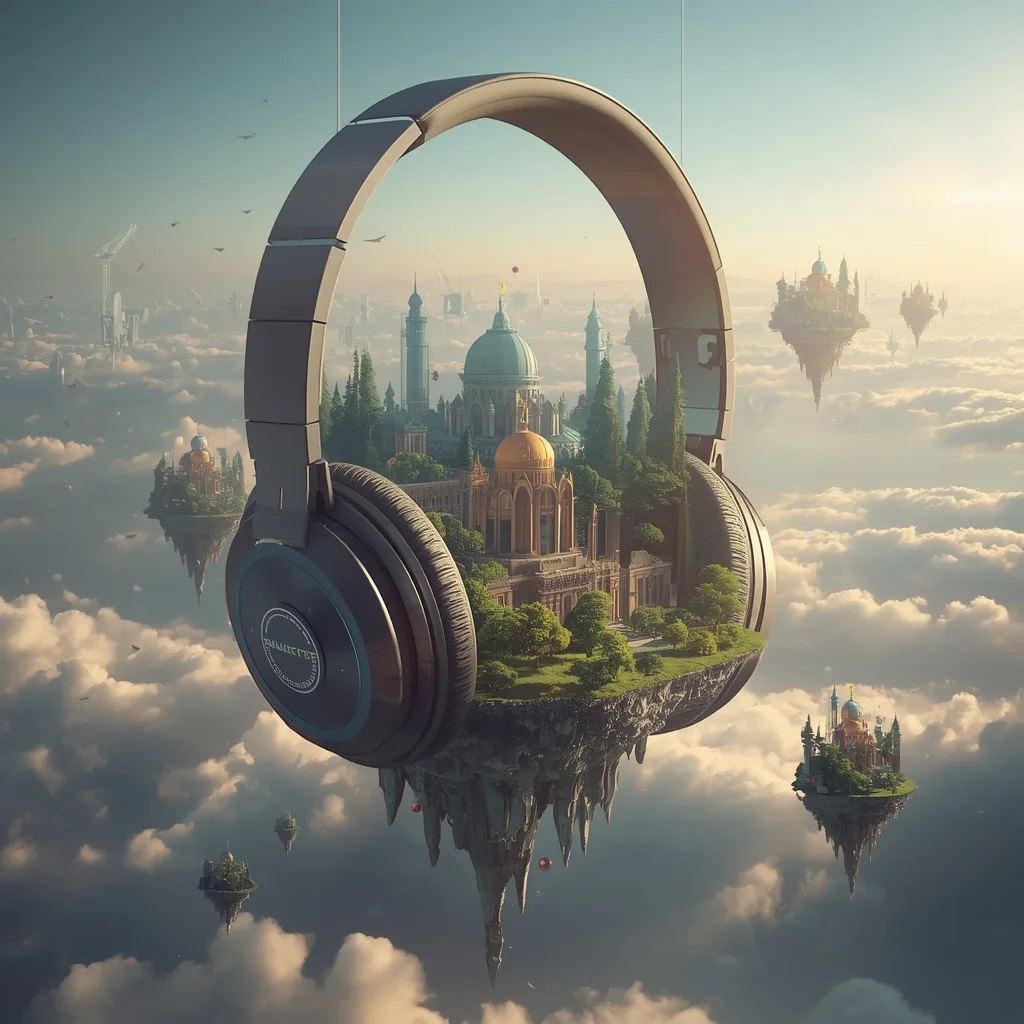 Floating Luxury Headphone World Generating Musical Floating Continents – Intricate Mandala Art Designs prompts – AI generated example