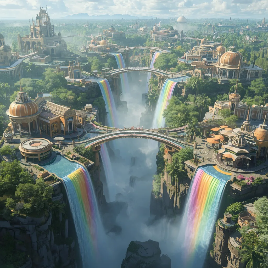 Floating Luxury Marketplace Built Across Endless Rainbow Waterfalls Network – Intricate Mandala Art Designs prompts – AI generated example