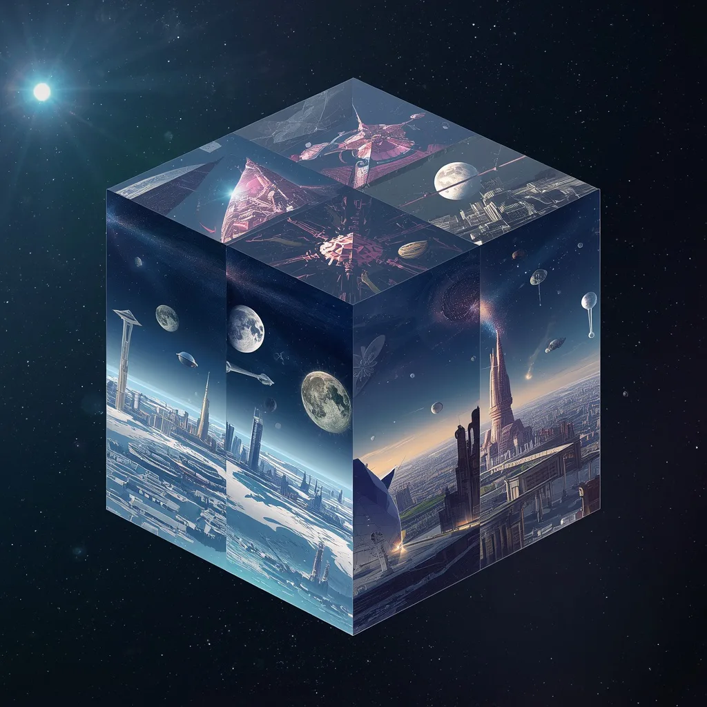 Floating Luxury Mirror Cube Universe Reflecting Infinite Alternate Civilizations – Intricate Mandala Art Designs prompts – AI generated example