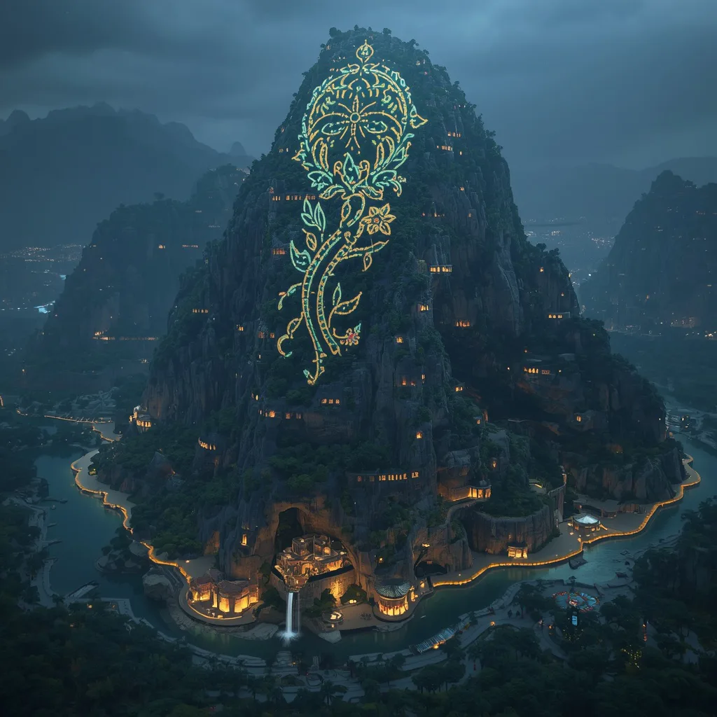 Giant Living Mountain Covered With Illuminated Botanical Tattoo Patterns – Intricate Mandala Art Designs prompts – AI generated example