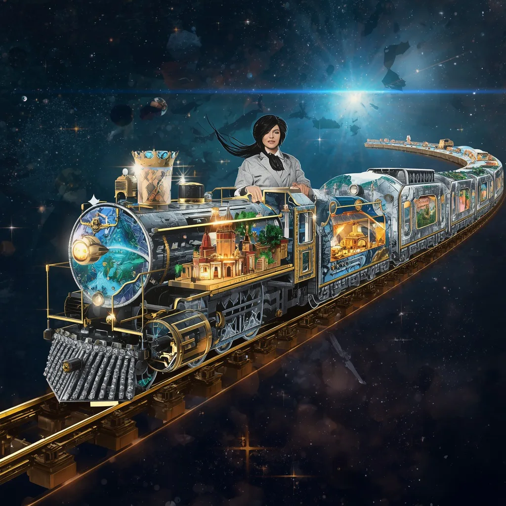 Giant Luxury Diamond Crown Train Traveling Through Celestial Dimensions – Intricate Mandala Art Designs prompts – AI generated example
