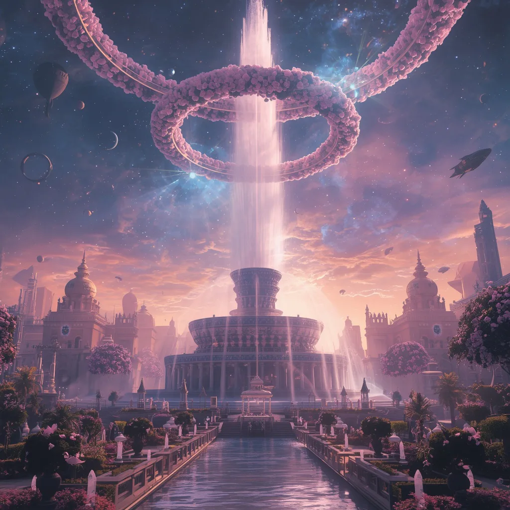 Giant Luxury Perfume Fountain Planet Surrounded By Floral Nebula Rings – Intricate Mandala Art Designs prompts – AI generated example
