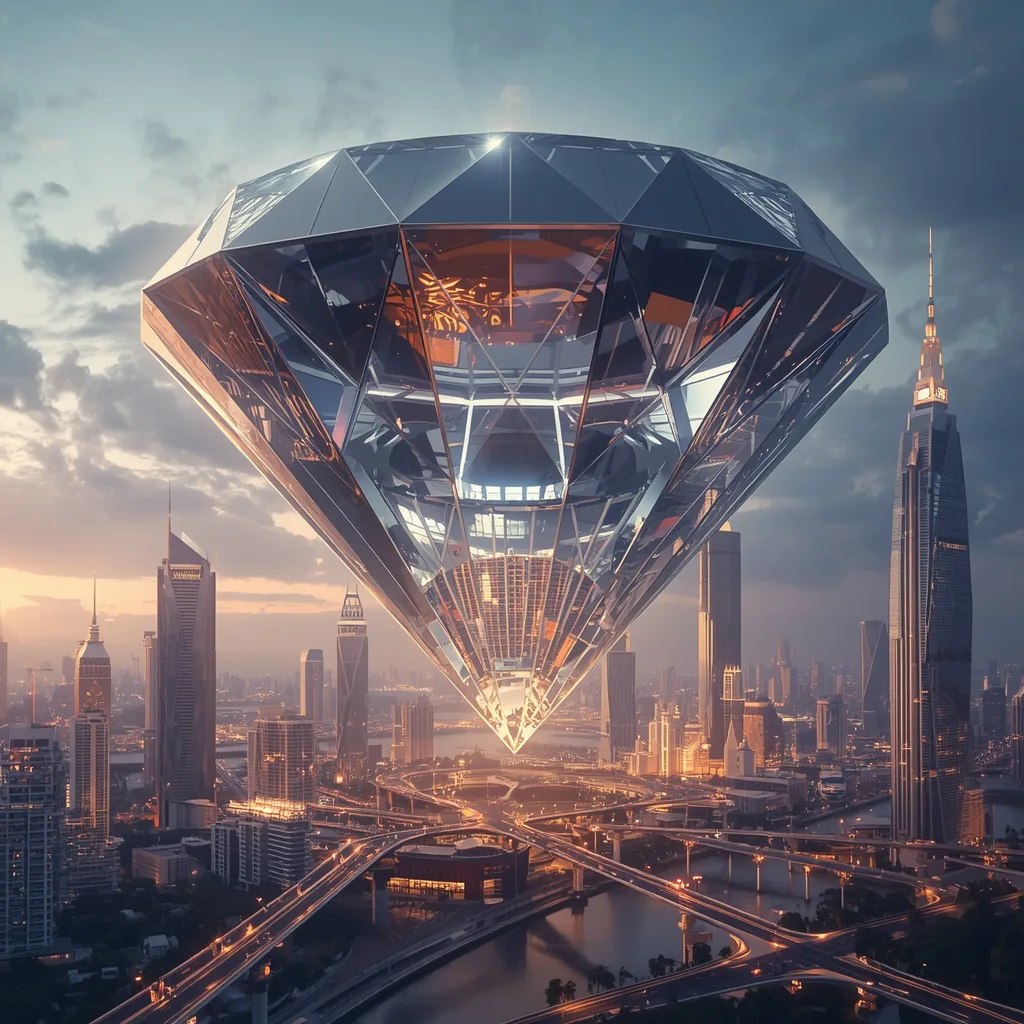 Luxury Culinary Metropolis Suspended Beneath Massive Floating Diamond Design – Intricate Mandala Art Designs prompts – AI generated example