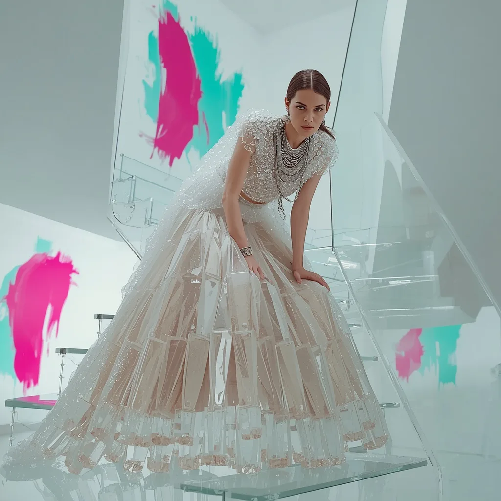 Transparent Quartz Anarkali on Mirrored Staircase – beautiful girl's aesthetic ai prompts – AI generated example