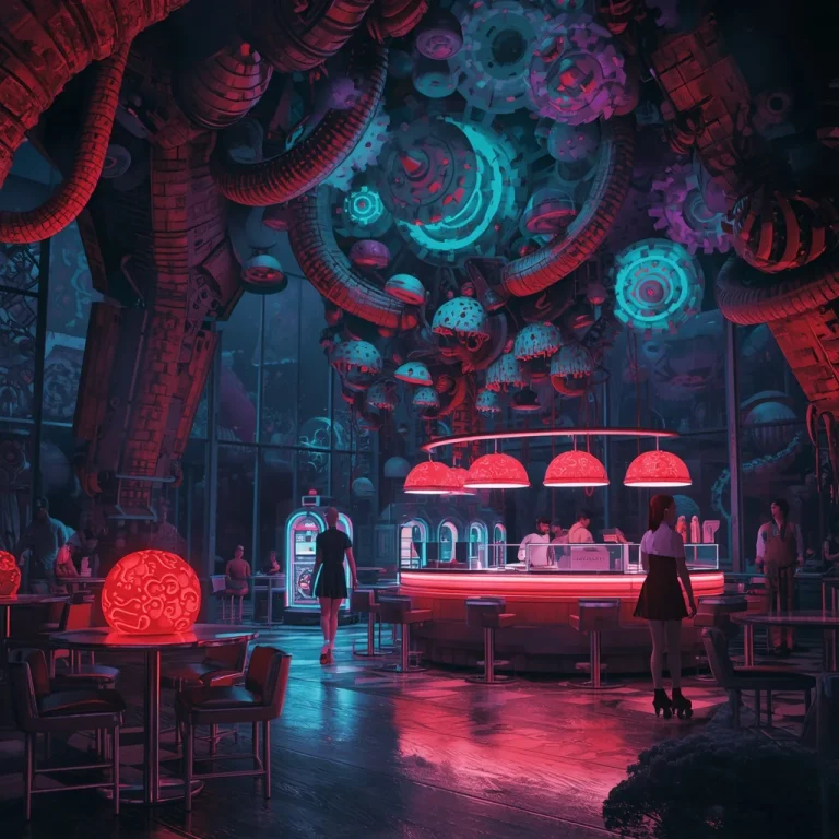 A 1950s Diner Powered by Aztec Blood Magic Inside a Glowing Bioluminescent Mushroom Mecha | prompt for Gemini AI natural images — AI image prompt