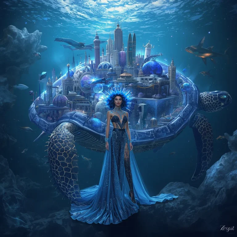 Billionaire Fashion Metropolis Hidden Within a Giant Sapphire Turtle Shell Covered with Luxury Cities | AI prompt examples — AI image prompt
