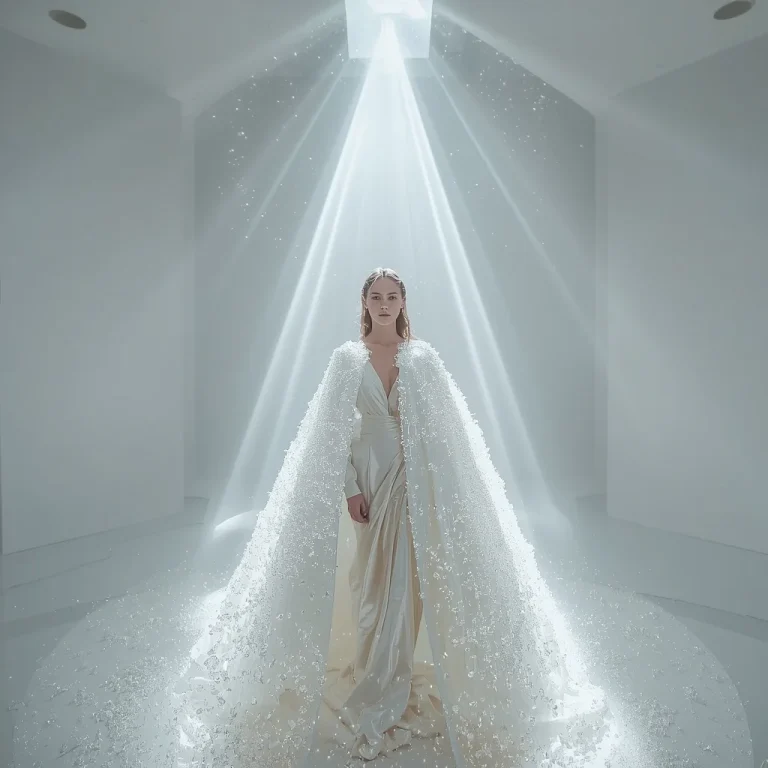 Couture Cape with Thousands of Floating Nano-Crystal Spores | Trending prompt in instagram ai photo lofi dusk — AI image prompt