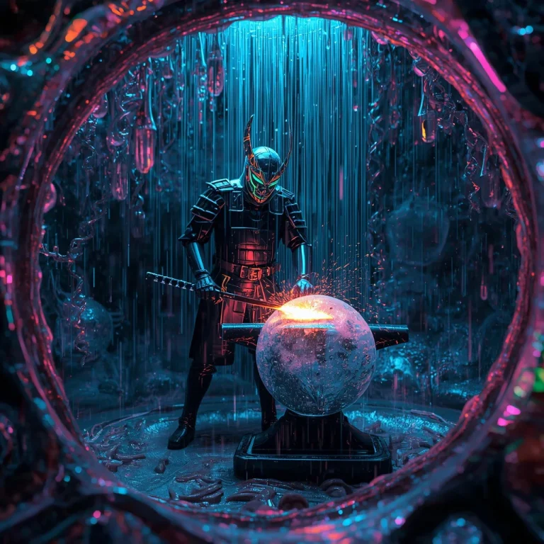 Cyber-Samurai Forging Glowing Katanas Inside a Microscopic Glassblown Cellular Structure Under Neon Rain | Trending prompt in Instagram — AI image prompt