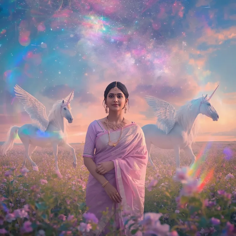 Festive Pastel Saree Prism Unicorn Crystal Blossom Galaxy Meadow Eternity Sky Horizon Nexus Infinity Prism Dream Realm Collage Premium | traditional saree prompt pdf — AI image prompt