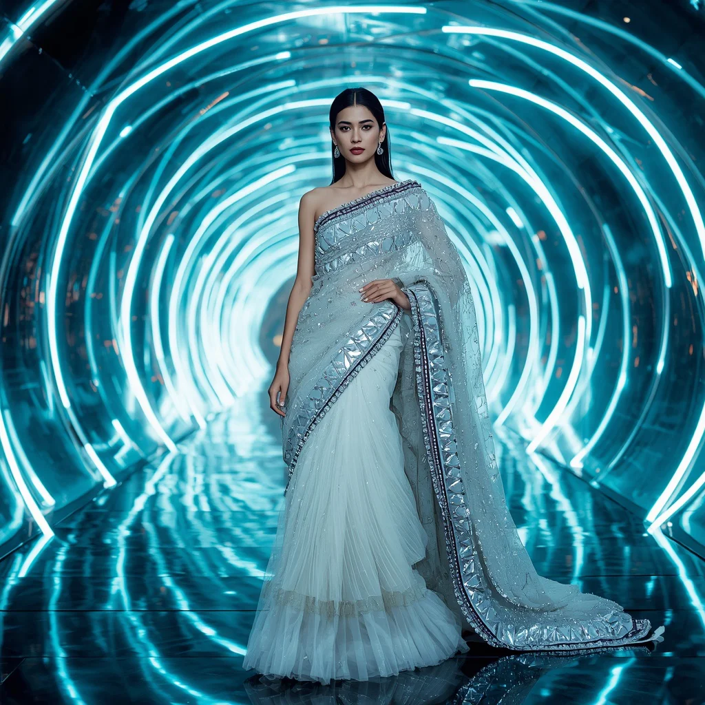 Frozen Diamond Eclipse Saree with Infinity Ribbon Reflection Galaxy Infinity Corridor | new instagram trend prompt for girl love — AI image prompt