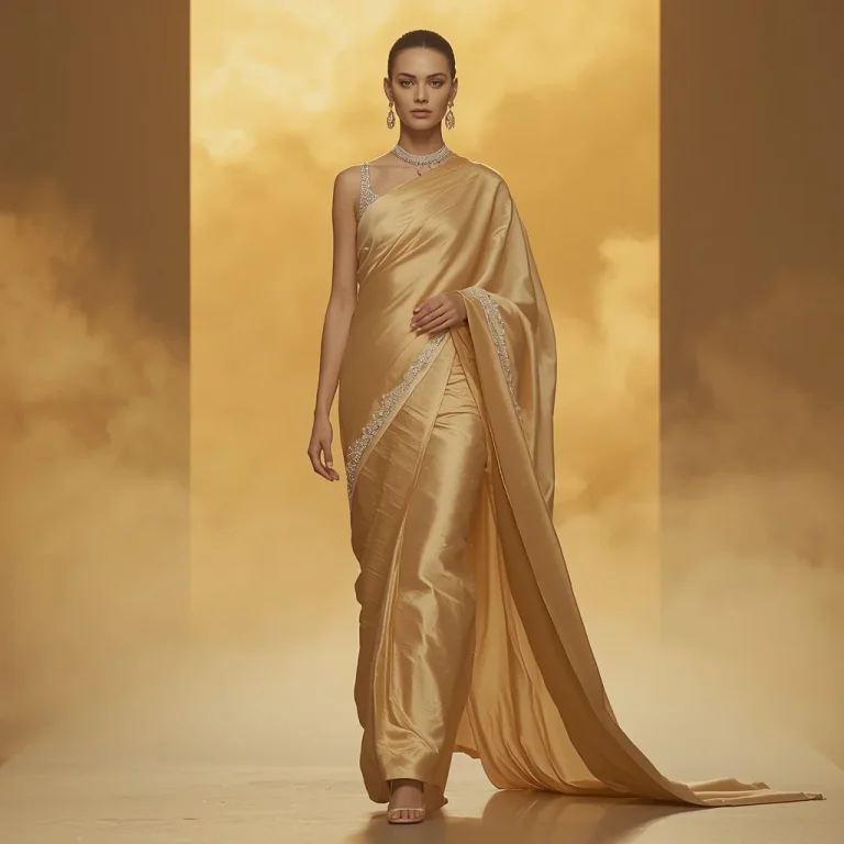 Minimal Gold Cosmic Cloud Universe Saree with Light Empire System | retro style prompt for gemini girl in saree — AI image prompt