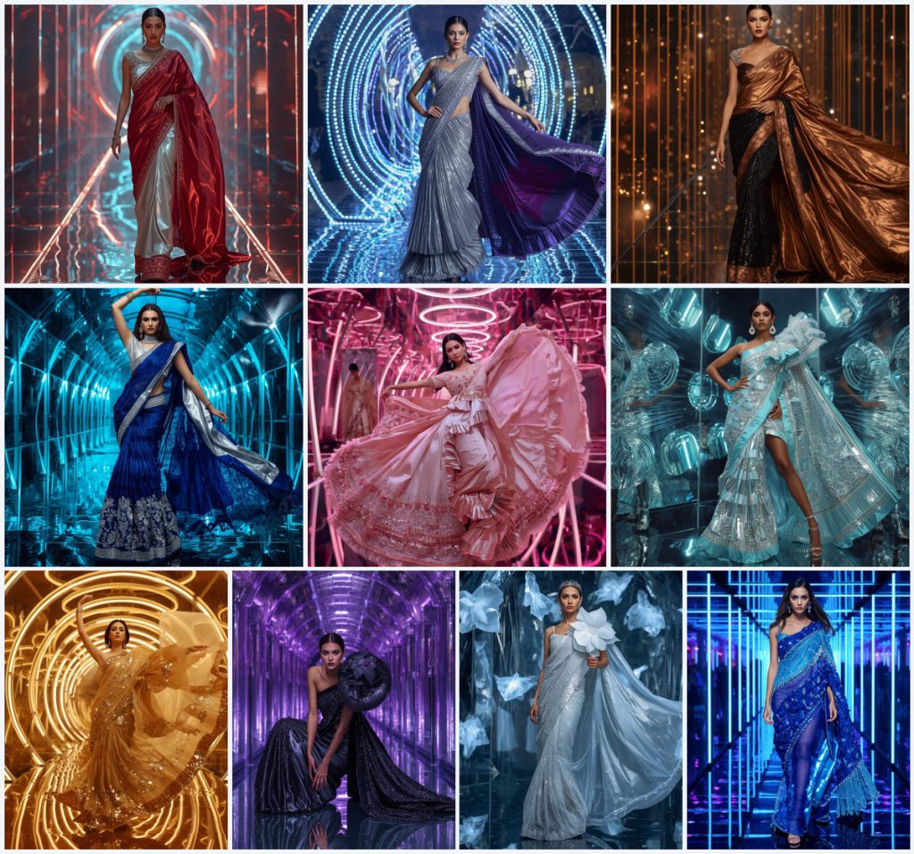 Modern Draped Saree AI Prompts for Avant-Garde Styling | prompt for saree look for girl in english — AI image prompt