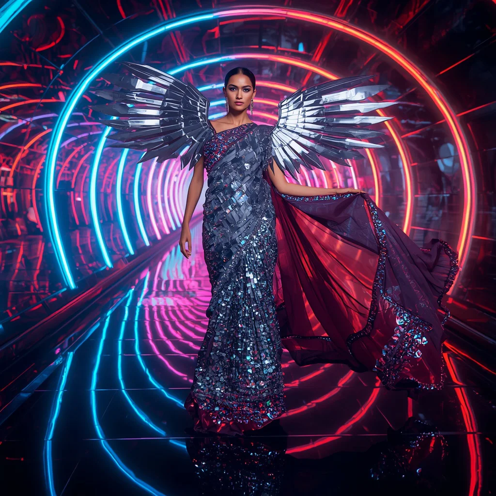 Nebula Mirage Saree with Floating Neon Helix Corridors | traditional saree prompt for instagram — AI image prompt