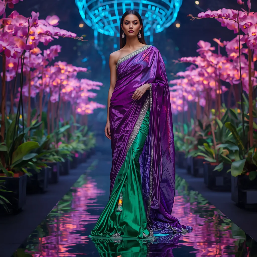 Neon Orchid Bio Reactor Saree with Living Light Singularity Dome Core Field | prompt for gemini ai girl style trending instagram — AI image prompt