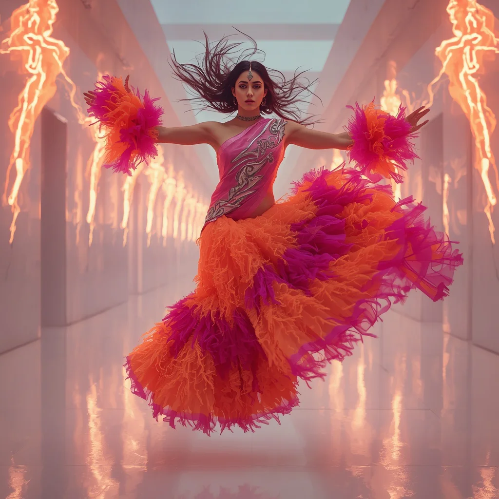 Neon Phoenix Thunder Saree with Electric Fire Corridor | gemini girl photo prompt indian style instagram — AI image prompt