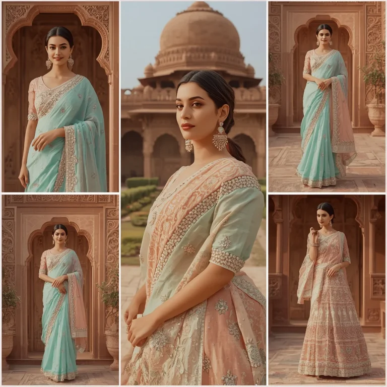 Premium Designer Pastel Saree Luxury Giant Terracotta Palace Fashion Collage | aesthetic saree prompt for chatgpt — AI image prompt