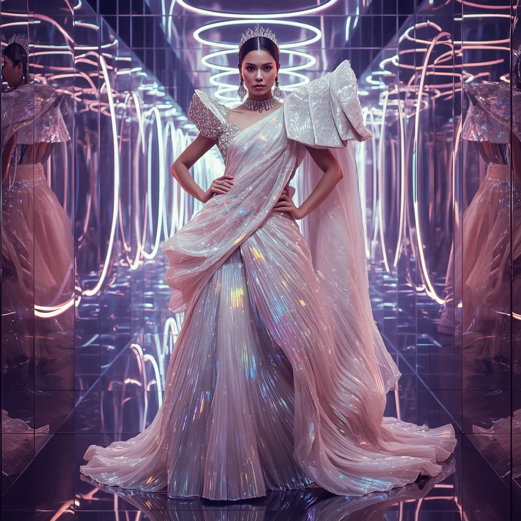Prism Moonlight Royale Saree with Holographic Light Corridor | trending prompt in instagram — AI image prompt