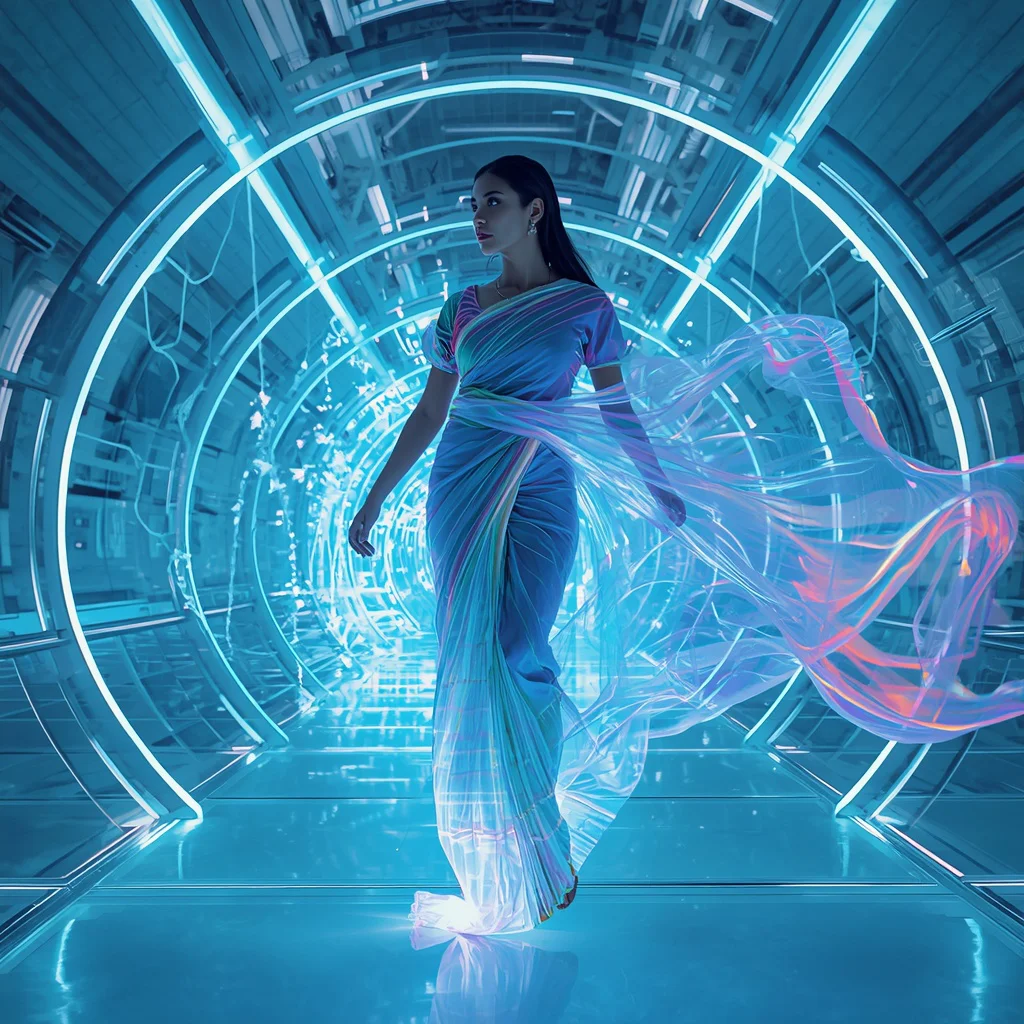 Quantum Silk Aurora Fluxwave Saree with Floating Light Nexus Energy Corridor Chamber Field | traditional saree prompt for instagram for girl — AI image prompt