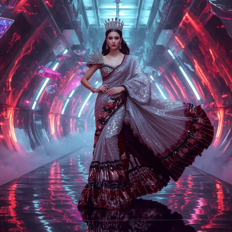 Radiant Liquid Crown Saree with Floating Neon Prism Universes | free prompt text — AI image prompt