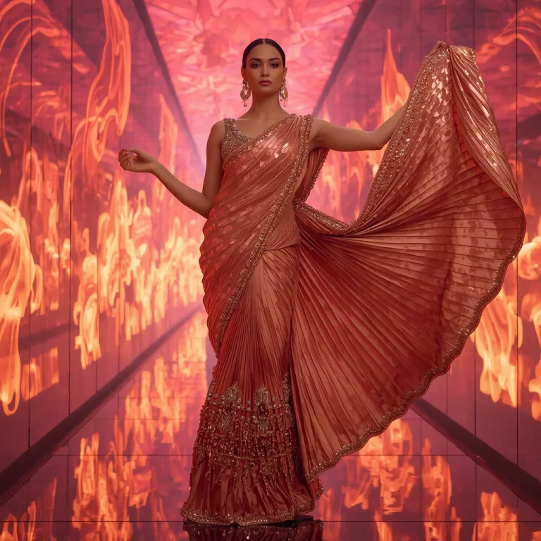 Rose Gold Ember Queen Saree with Floating Flame Waves | traditional prompt for gemini ai girl copy and paste — AI image prompt