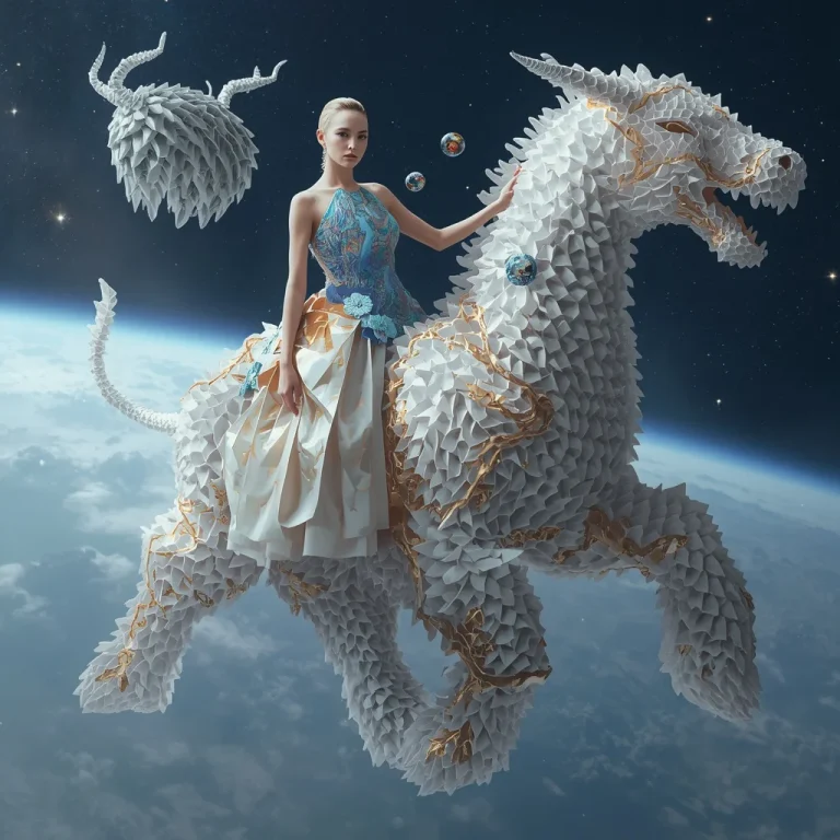 Royal Fashion Metropolis Constructed on Floating Crystal Origami Animals Traveling Through Space | Traditional Wedding Prompt — AI image prompt