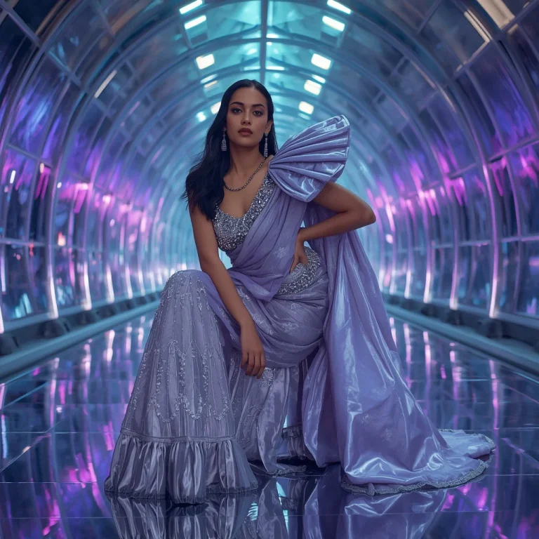 Titanium Aurora Mirage Saree with Curved Glass Neon Reflection Galaxy Infinity Pavilion | saree prompt for chatgpt in english — AI image prompt