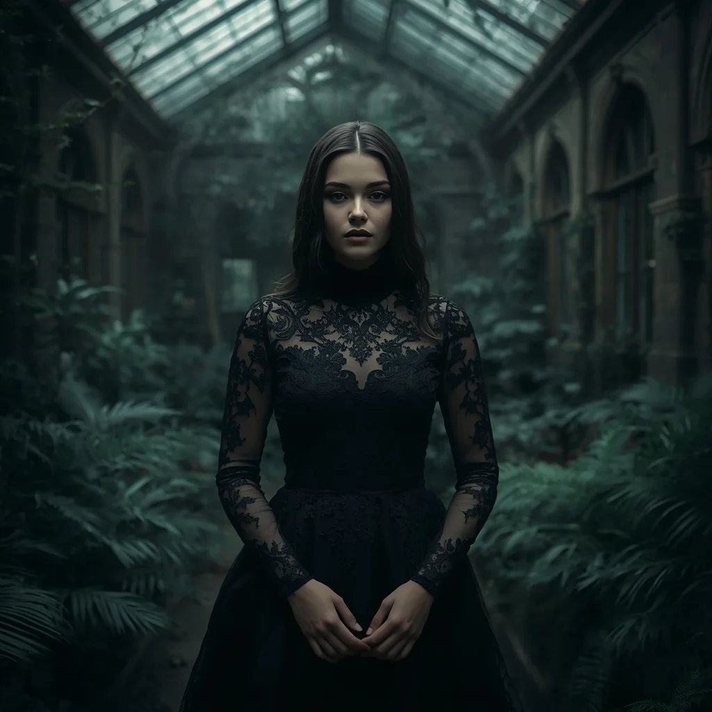 A beautiful girl in a black lace dress at a gothic mansion — AI image prompt
