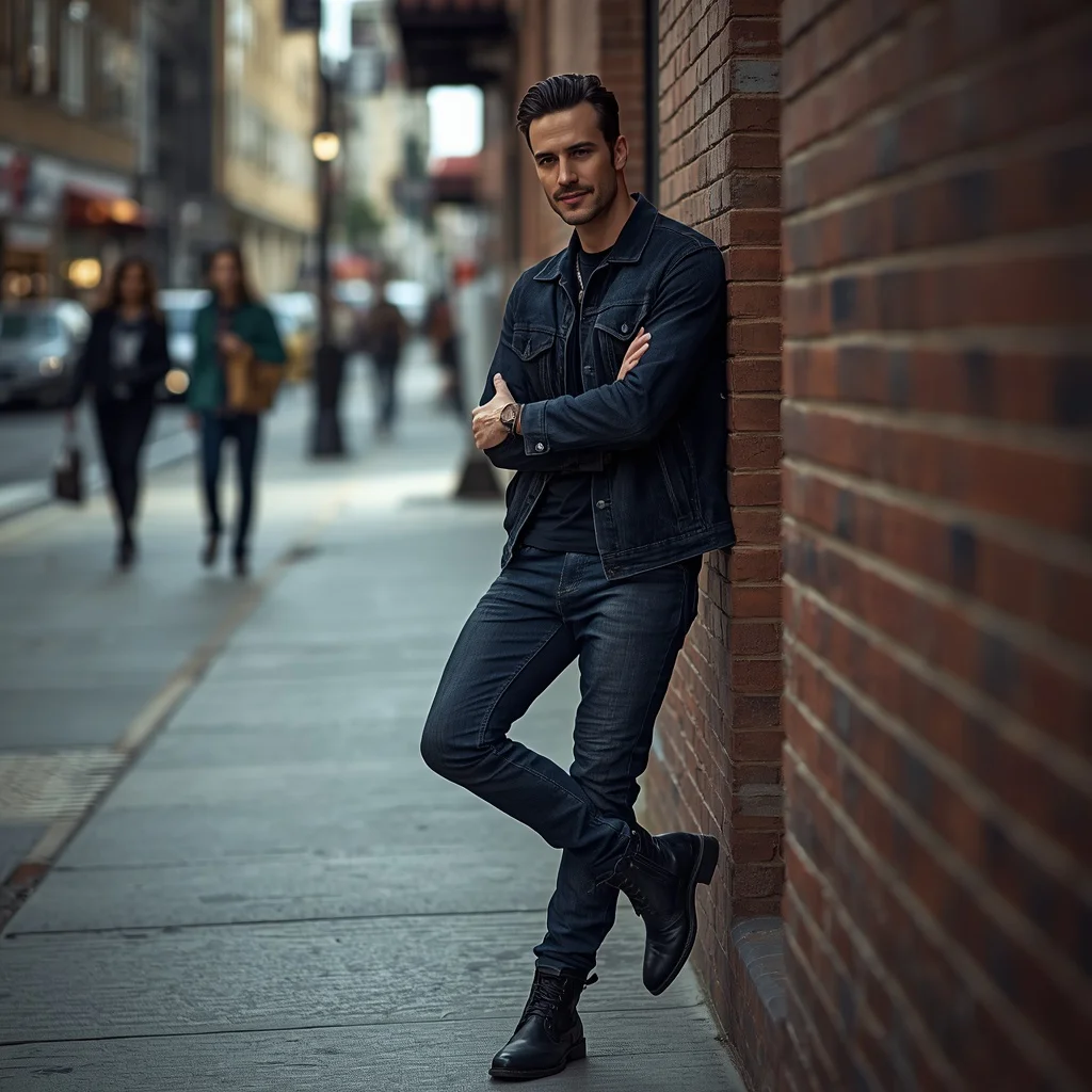 A Man’s Confident Stance in a Dark Denim Jacket — AI image prompt