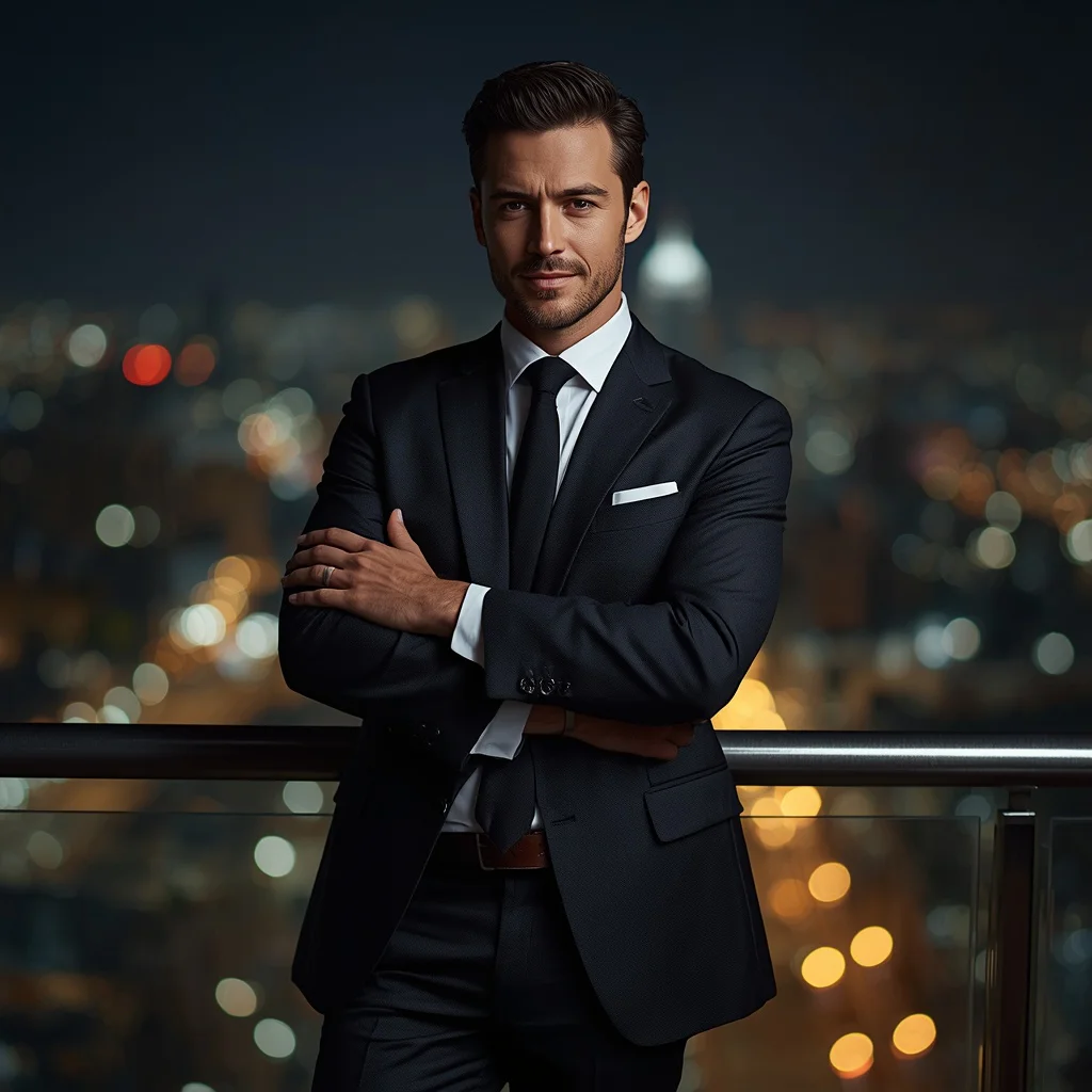 A Man’s Confident Stance in a Modern Cityscape — AI image prompt