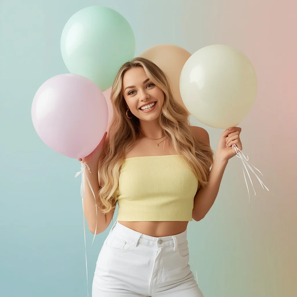 Beautiful Girl Posing with Balloons in a Pastel Studio — AI image prompt