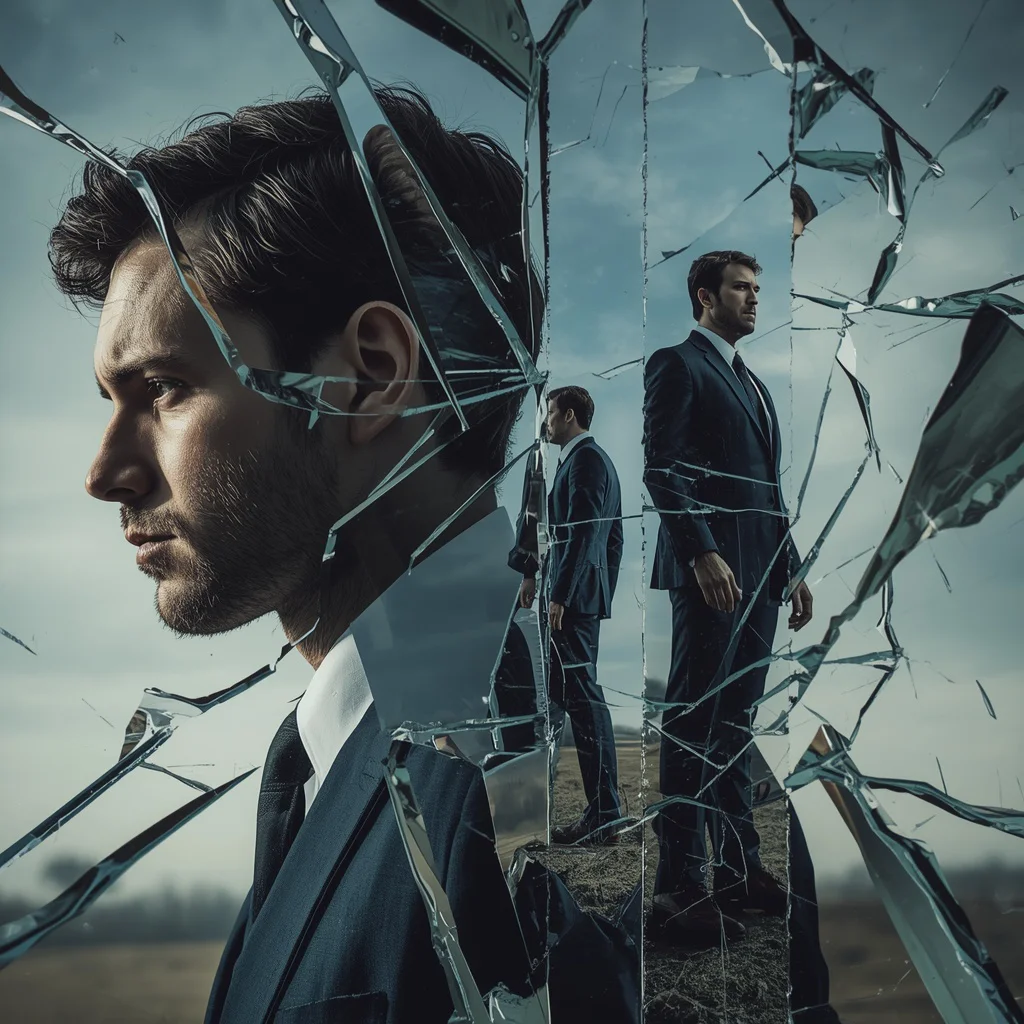 Edgy Narrative: Man’s Evolution through Shattered Mirror Fragments — AI image prompt
