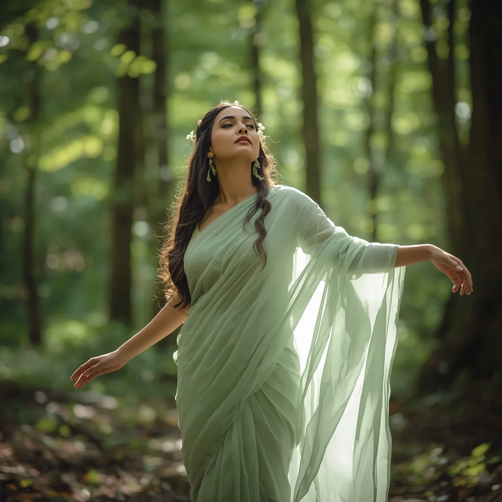 Ethereal Forest: Indian Woman in Pastel Saree Amidst Sunlight and Trees — AI image prompt