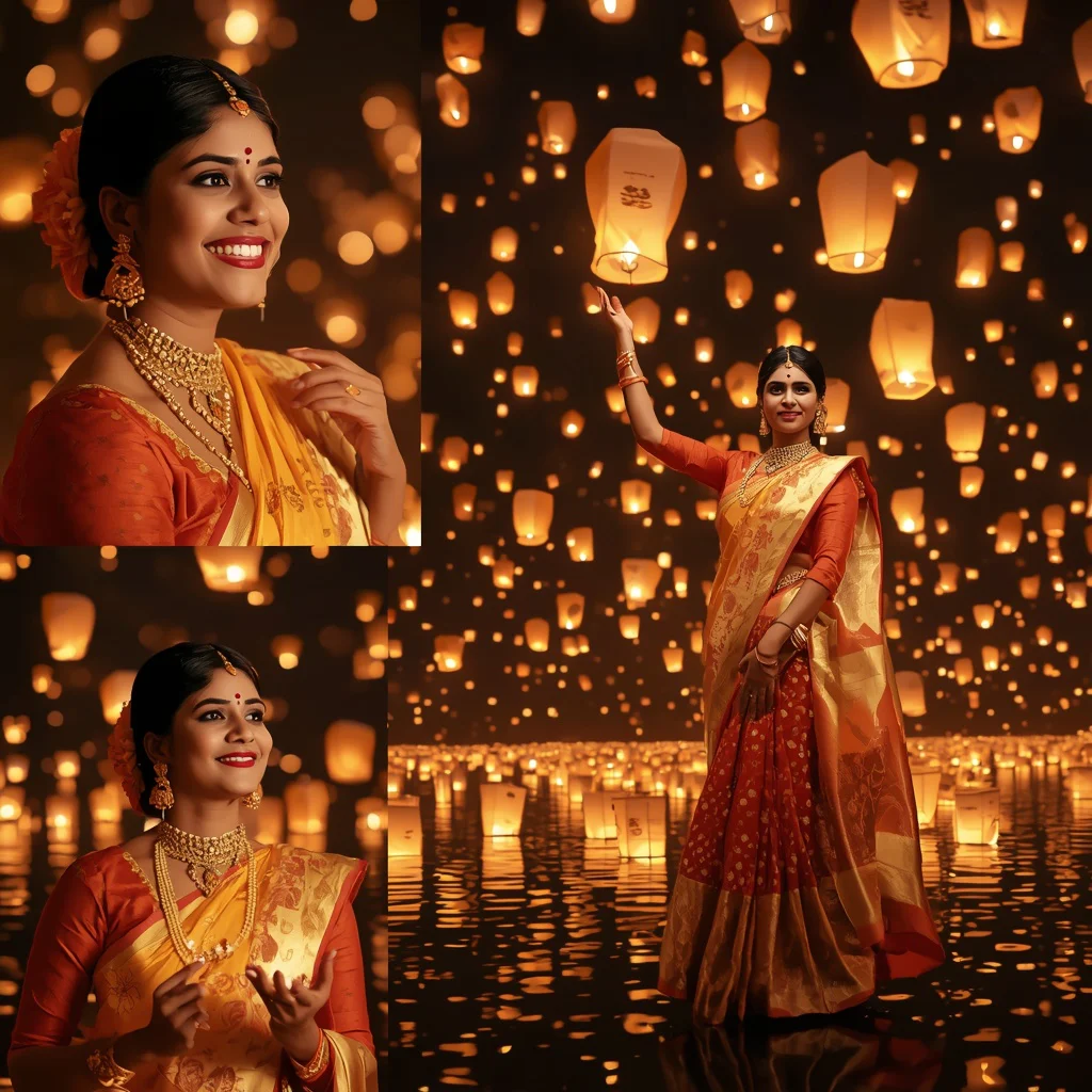 Floating Lantern Festival Collage: Orange & Gold Kanjivaram Saree — AI image prompt