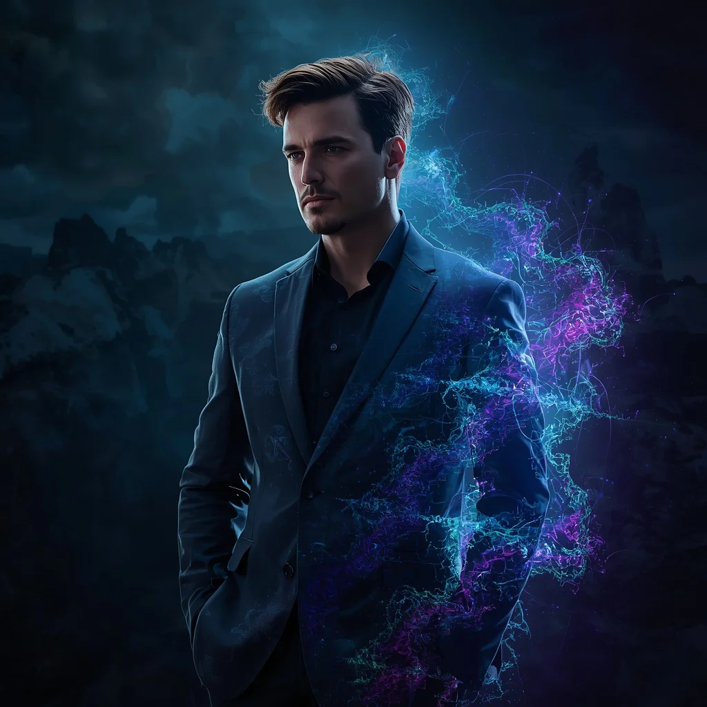 Modern Man: Solo Portrait with Abstract Fractal Energy Fields — AI image prompt