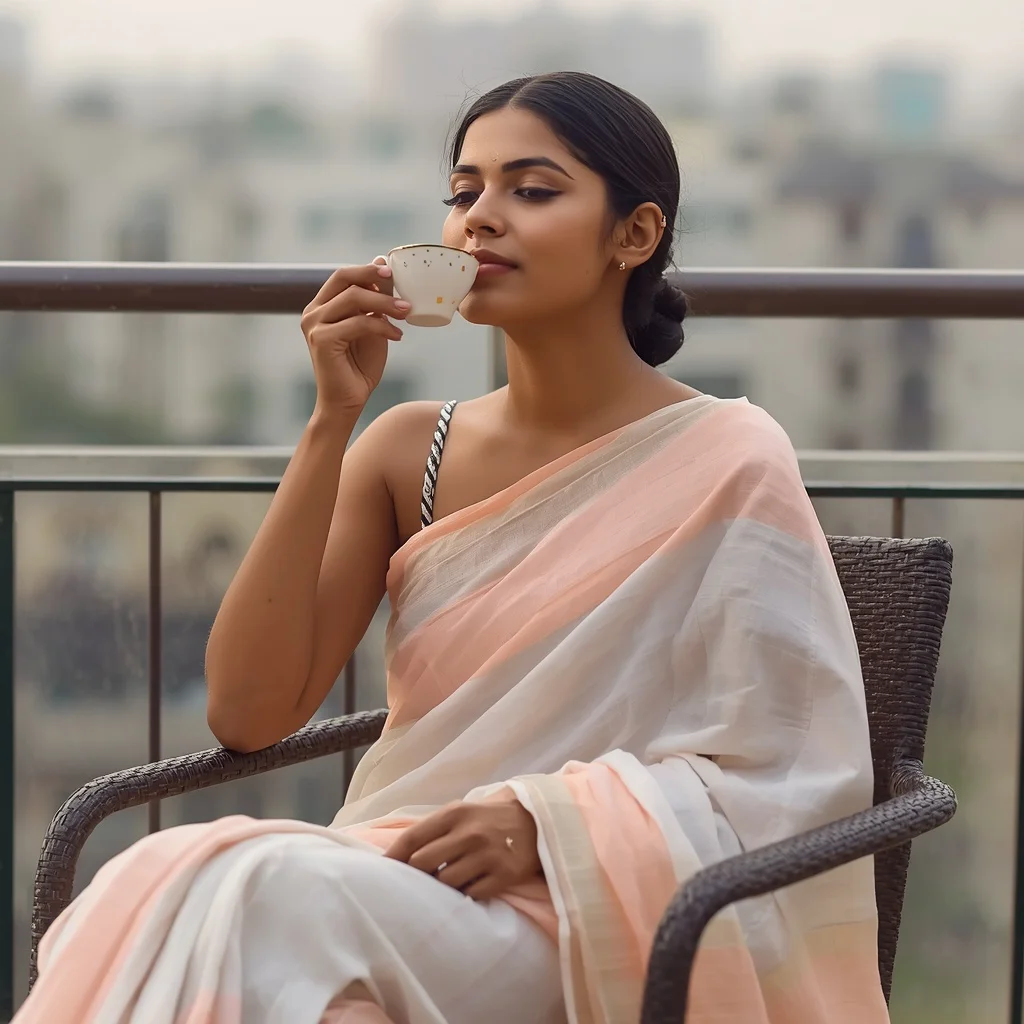 Morning Bliss: Indian Woman Sipping Tea on a Balcony in a Soft Saree — AI image prompt