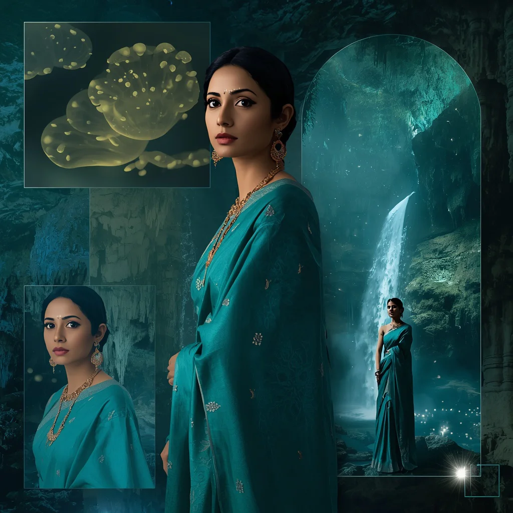 Mystical Glow-worm Cave & Waterfall Collage: Teal Silk Saree — AI image prompt