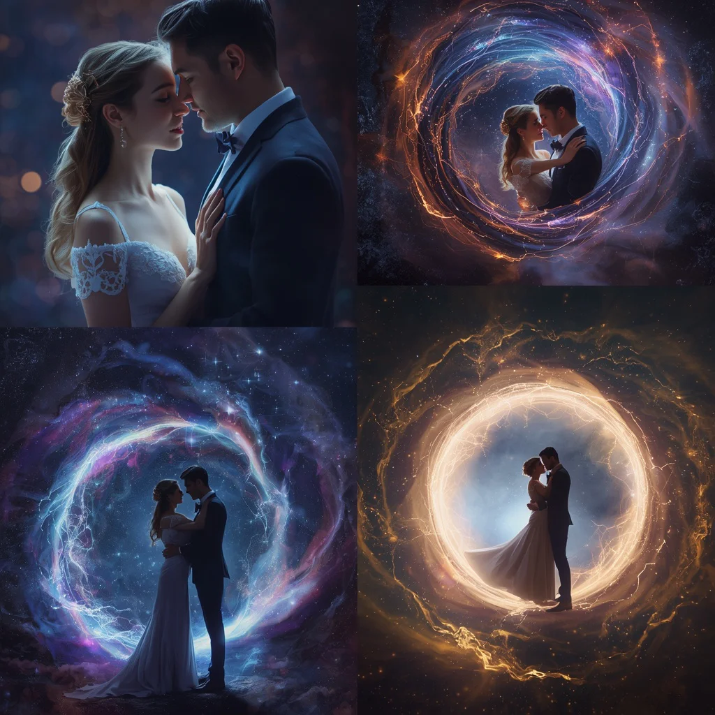 Romantic Couple: Collage with Swirling Galactic Portals — AI image prompt